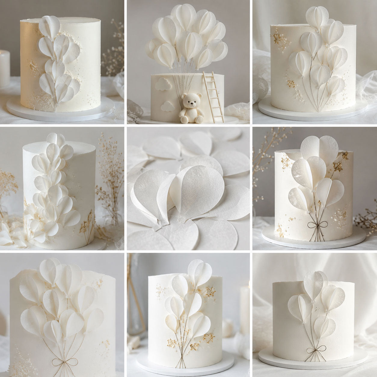 Nine-panel collage of cake decorating ideas using white wafer paper balloon-shaped segments in different arrangements
