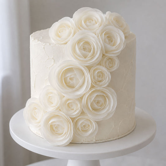 Single-tier cake fully covered in folded white wafer paper circles arranged as a dense bundled texture