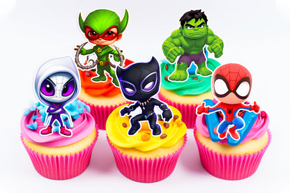 15 essbare Superhelden-Cupcake-Topper – wählen Sie aus Oblatenpapier, Zuckerfolie oder Chocotransfer, kein Zuschneiden erforderlich