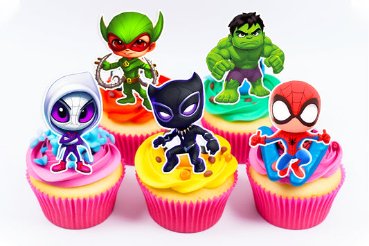 15 Superheros Edible Cupcake Toppers - Choose from Wafer Paper, Sugar Sheet, or Chocotransfer with No Cutting Required