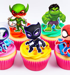 15 Superheros Edible Cupcake Toppers - Choose from Wafer Paper, Sugar Sheet, or Chocotransfer with No Cutting Required