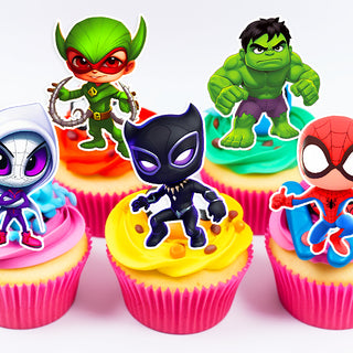 15 Superheros Edible Cupcake Toppers - Choose from Wafer Paper, Sugar Sheet, or Chocotransfer with No Cutting Required