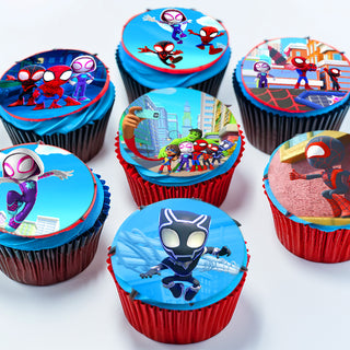 24 Spidey Edible Cupcake Toppers - Choose from Wafer Paper, Sugar Sheet, or Chocotransfer with No Cutting Required