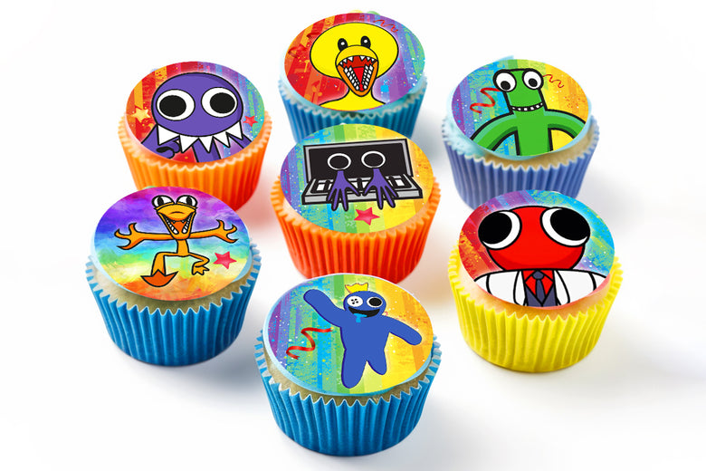 Rainbow Friends Edible Cupcake Toppers - 24 Pre-Cut Pieces on Wafer Paper, Sugar Sheet, or without cutting Chocotransfer