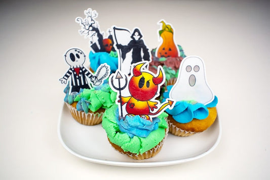 18 essbare Halloween-Cupcake-Topper – vorgeschnitten auf Oblatenpapier, Zuckerfolie oder ohne Schneiden von Chocotransfer