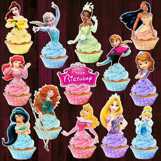 Předřezané jedlé zavírače na cupcaky Princess – 14 kusů na oplatkovém papíru, cukrové fólii nebo bez řezání Chocotransfer
