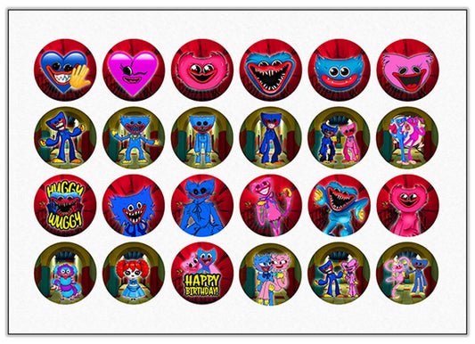 24 Huggy Wuggy Edible Cupcake Toppers - Choose from Wafer Paper, Sugar Sheet, or Chocotransfer with No Cutting Required