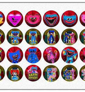 24 Huggy Wuggy Edible Cupcake Toppers - Choose from Wafer Paper, Sugar Sheet, or Chocotransfer with No Cutting Required
