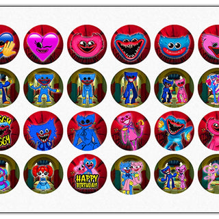 24 Huggy Wuggy Edible Cupcake Toppers - Choose from Wafer Paper, Sugar Sheet, or Chocotransfer with No Cutting Required