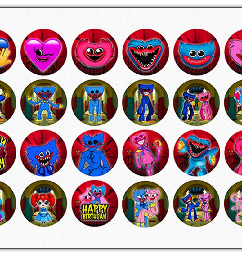 24 Huggy Wuggy Edible Cupcake Toppers - Choose from Wafer Paper, Sugar Sheet, or Chocotransfer with No Cutting Required