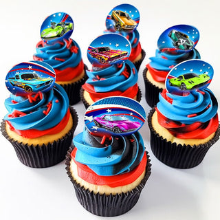 Race Cars Edible Cupcake Toppers - 24 Pre-Cut Pieces on Wafer Paper, Sugar Sheet, or without cutting Chocotransfer