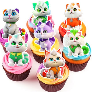 15 Kittens Edible Cupcake Toppers - Choose from Wafer Paper, Sugar Sheet, or Chocotransfer with No Cutting Required