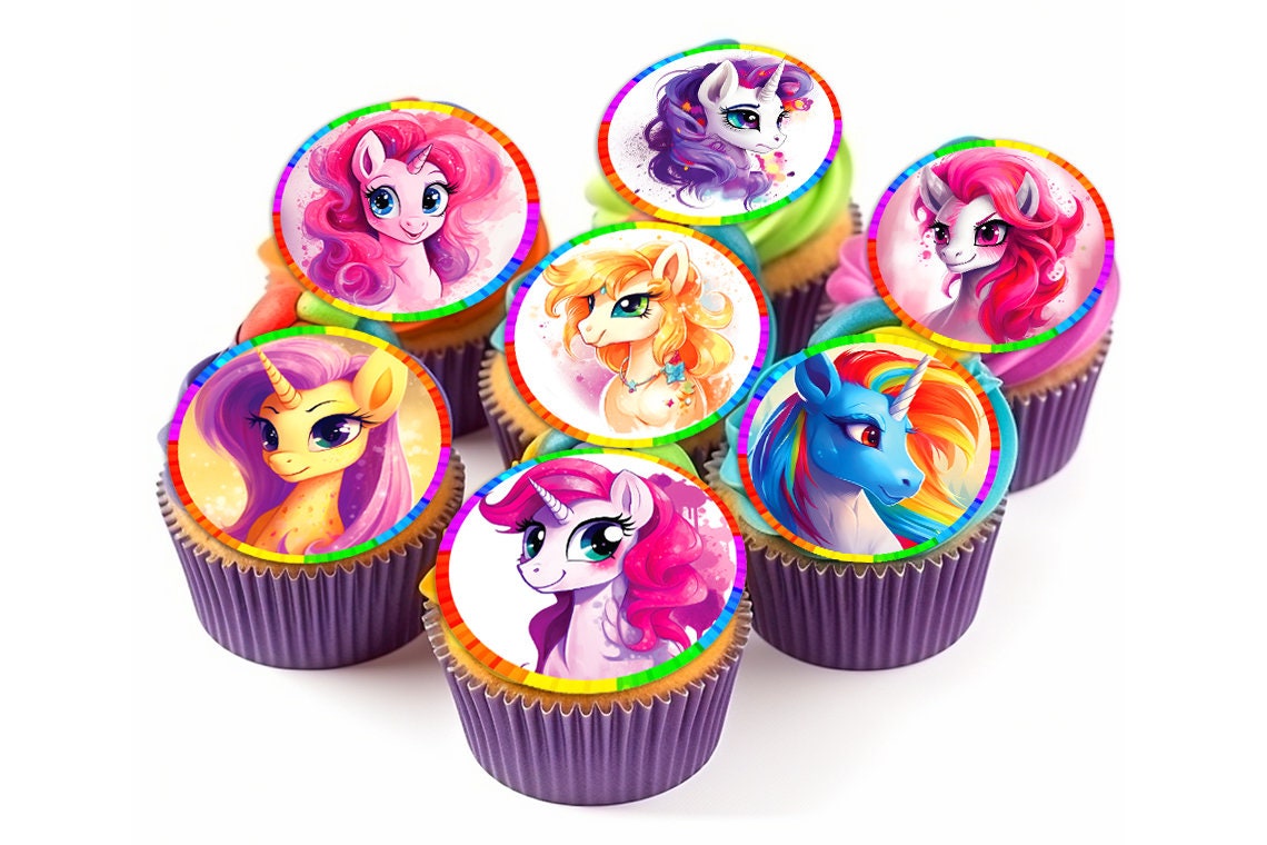 18 Pony Unicorns Edible Cupcake Toppers - Choose from Wafer Paper, Sugar Sheet, or Chocotransfer with No Cutting Required