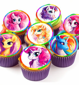 18 Pony Unicorns Edible Cupcake Toppers - Choose from Wafer Paper, Sugar Sheet, or Chocotransfer with No Cutting Required