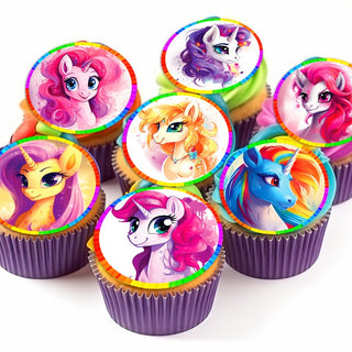 18 Pony Unicorns Edible Cupcake Toppers - Choose from Wafer Paper, Sugar Sheet, or Chocotransfer with No Cutting Required