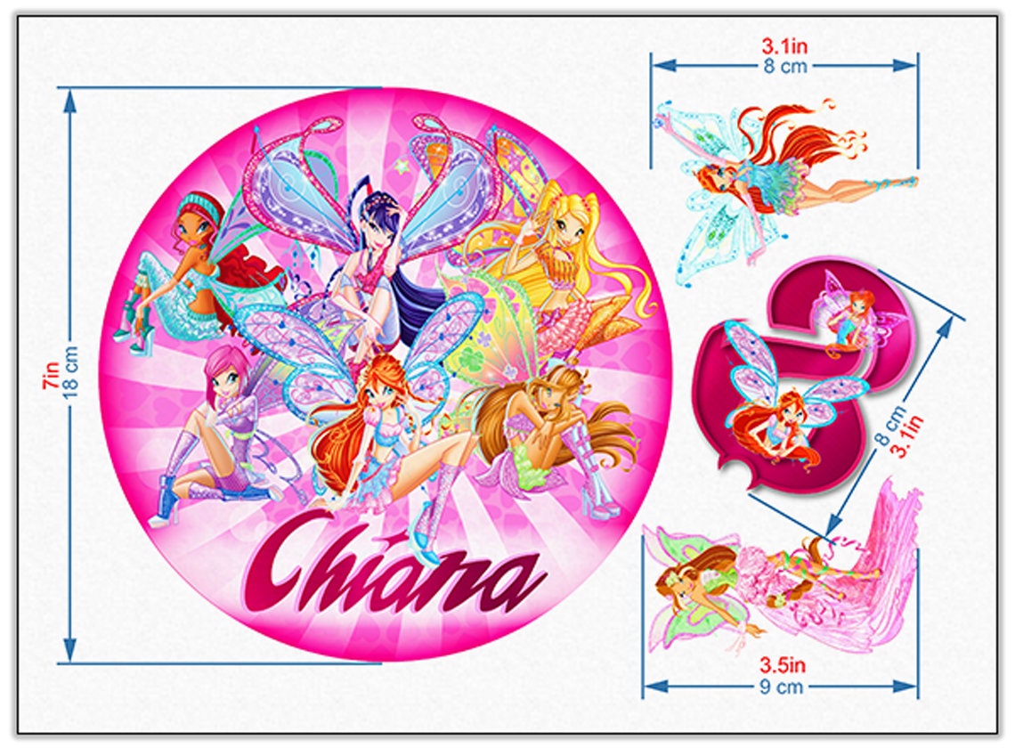 Set of 4 Winx Edible Cake Toppers - Precut on Wafer Paper, Sugar Sheet, or without cutting Chocotransfer