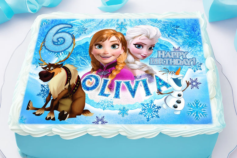 Frozen Birthday Themed Edible Cake Topper - Rectangular Design - Wafer Paper, Sugar Sheet, Chocotransfer