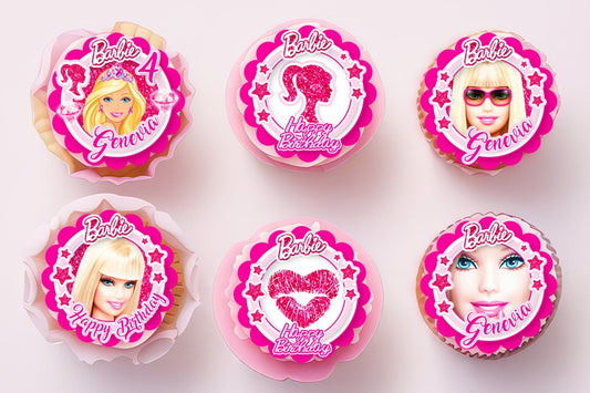 Jedlé toppery na koláčky Barbie s personalizací 24 hotových kusů - na vaflovém papíře, cukrovém plátu nebo neřezaném Chocotransferu