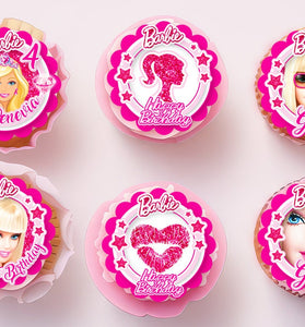 Edible Barbie cupcake toppers with personalization 24 ready-made pieces - on waffle paper, sugar sheet or no-cut Chocotransfer