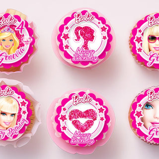 Edible Barbie cupcake toppers with personalization 24 ready-made pieces - on waffle paper, sugar sheet or no-cut Chocotransfer