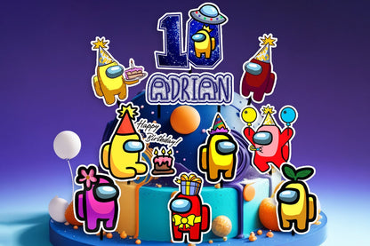 Set of 10 Personalized Among Us Cake Toppers with Name and Age A