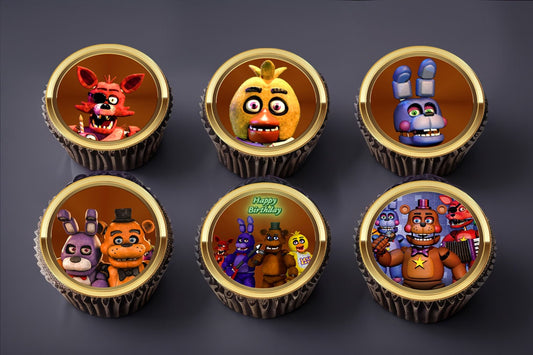 24 essbare Cupcake-Topper von Five Nights at Freddy's – wählen Sie aus Oblatenpapier, Zuckerfolie oder Schokoladentransferpapier, ohne dass ein Zuschneiden erforderlich ist