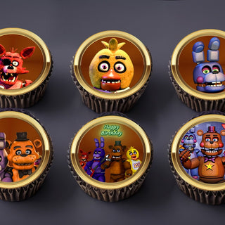24 Five Nights at Freddy's Edible Cupcake Toppers - Choose from Wafer Paper, Sugar Sheet, or Chocotransfer with No Cutting Required