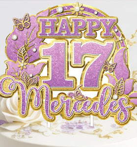 Enchanting Birthday Bliss: Custom Purple and Gold Cake Topper with Age and Name – Vector Floral Elegance
