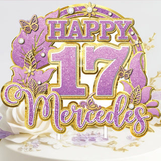 Enchanting Birthday Bliss: Custom Purple and Gold Cake Topper with Age and Name – Vector Floral Elegance