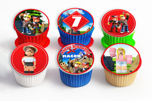 Set mit 15 vorgeschnittenen essbaren Roblox-Cupcake-Toppern mit Personalisierung – wählen Sie aus Oblatenpapier, Zuckerfolie oder Chocotransfer ohne Schneiden